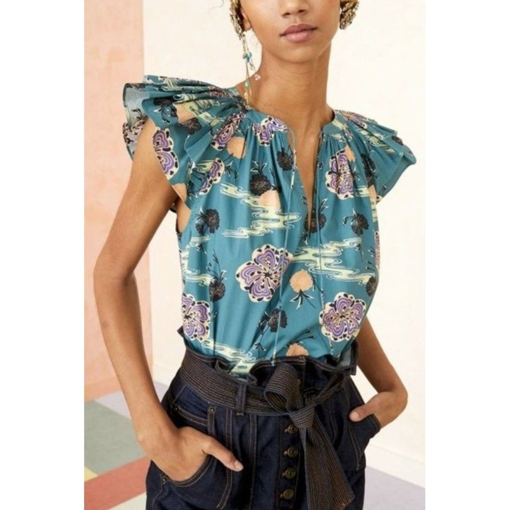 Ulla Johnson Elia Top River Blue Floral Blouse V-Neck Tassel Ruffled Sleeve Sz 2